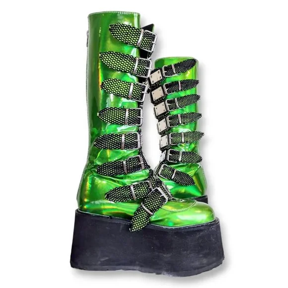 Sold-Demonia acid green glow in the dark mega platform knee-high boots size 7 US - Picture 6 of 10